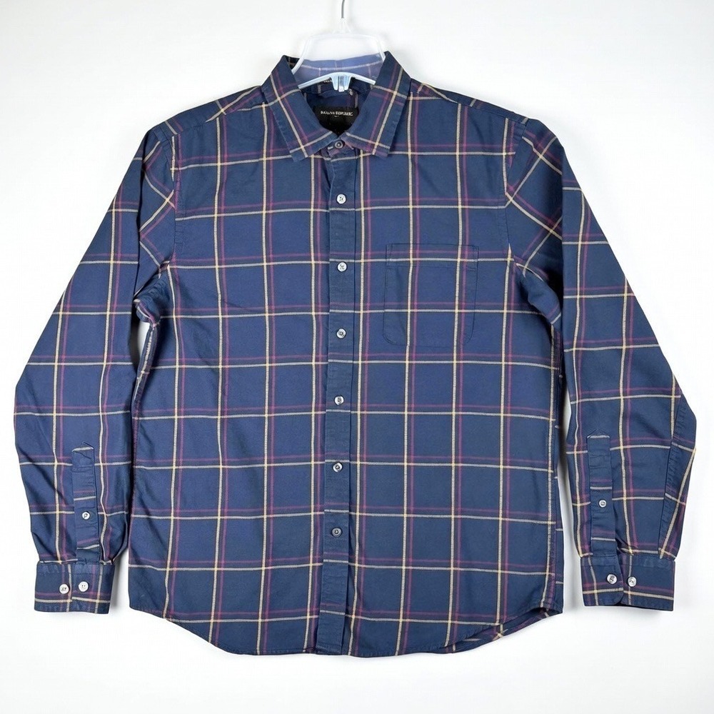 Banana Republic Men L Navy Blue Plaid Untucked Slim Fit Button Down Shirt Casual